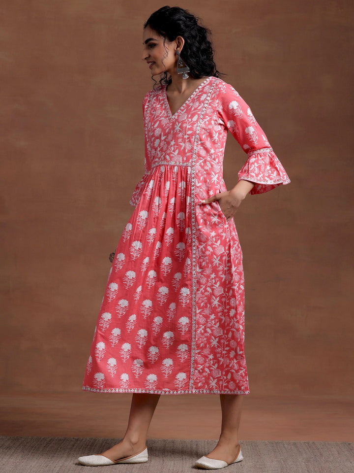 Pink Printed Cotton A-Line Dress - Libas