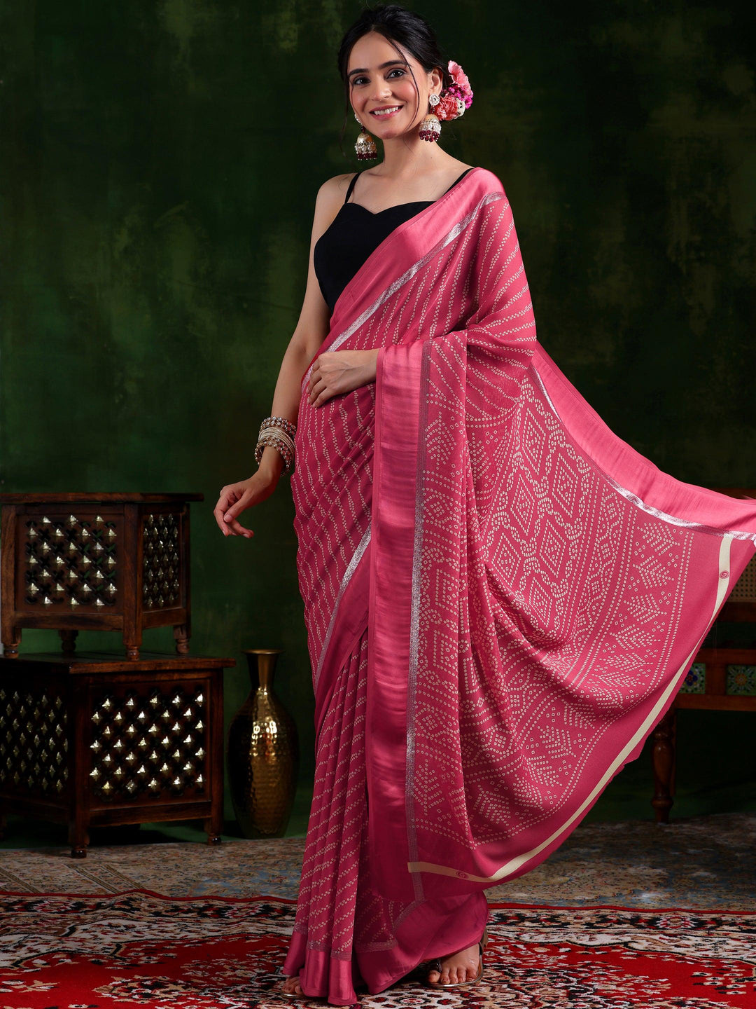 Coral Printed Satin Saree With Unstitched Blouse Piece - Libas