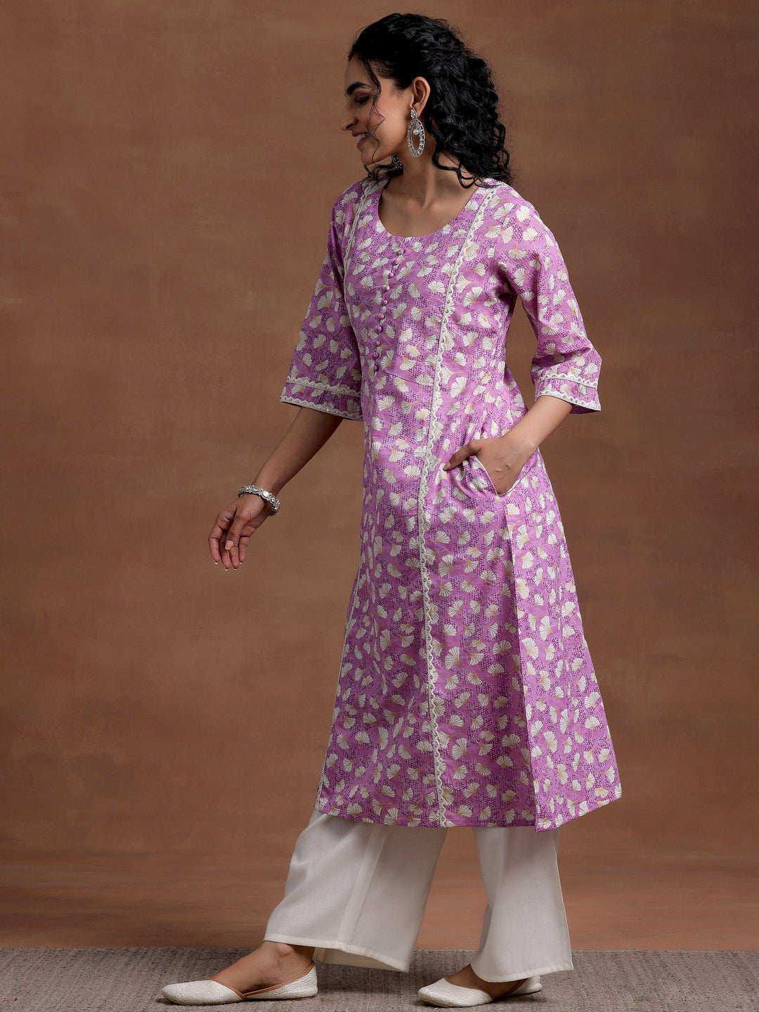 Purple Printed Cotton A-Line Kurta - Libas 