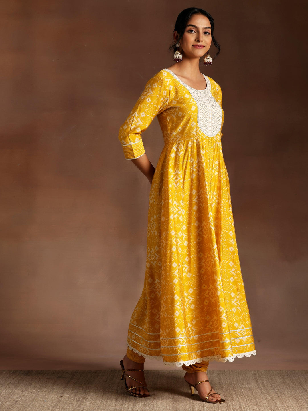 Mustard Printed Silk Blend Anarkali Suit With Dupatta - Libas 