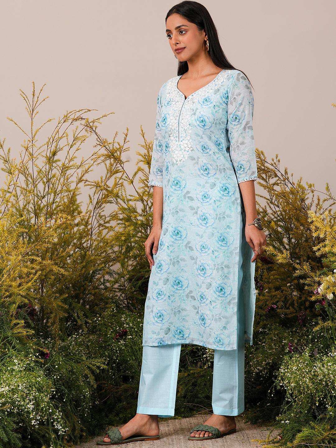 Blue Printed Linen Straight Suit With Dupatta - Libas 