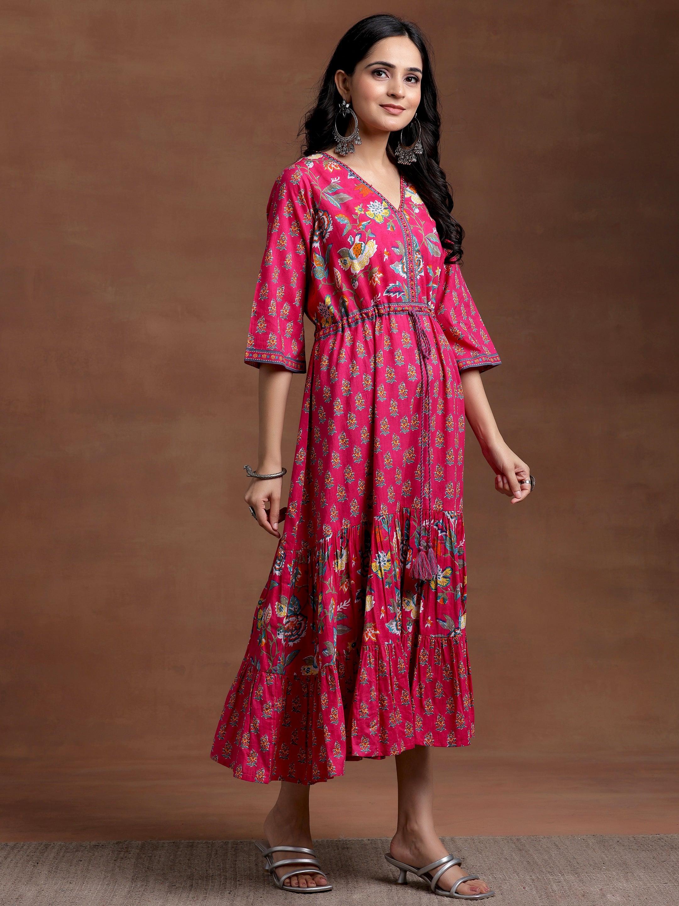 Pink Printed Cotton Fit and Flare Dress