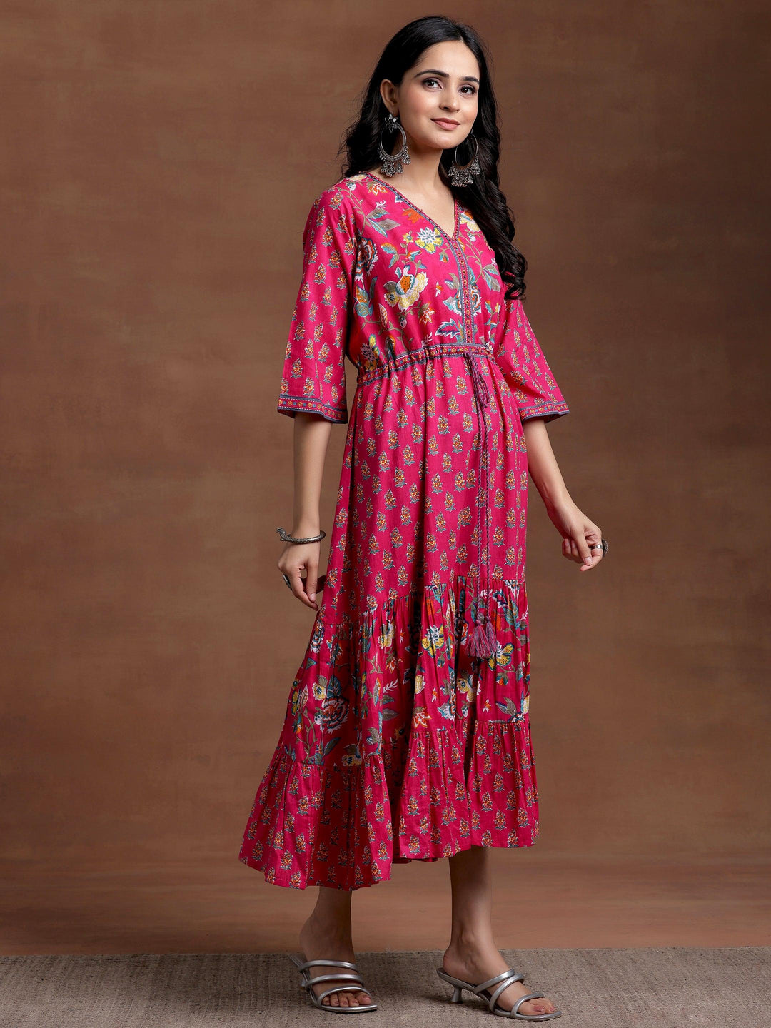 Pink Printed Cotton Fit and Flare Dress - Libas