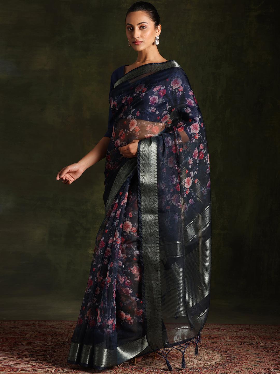 Blue Printed Organza Saree With Unstitched Blouse Piece - Libas