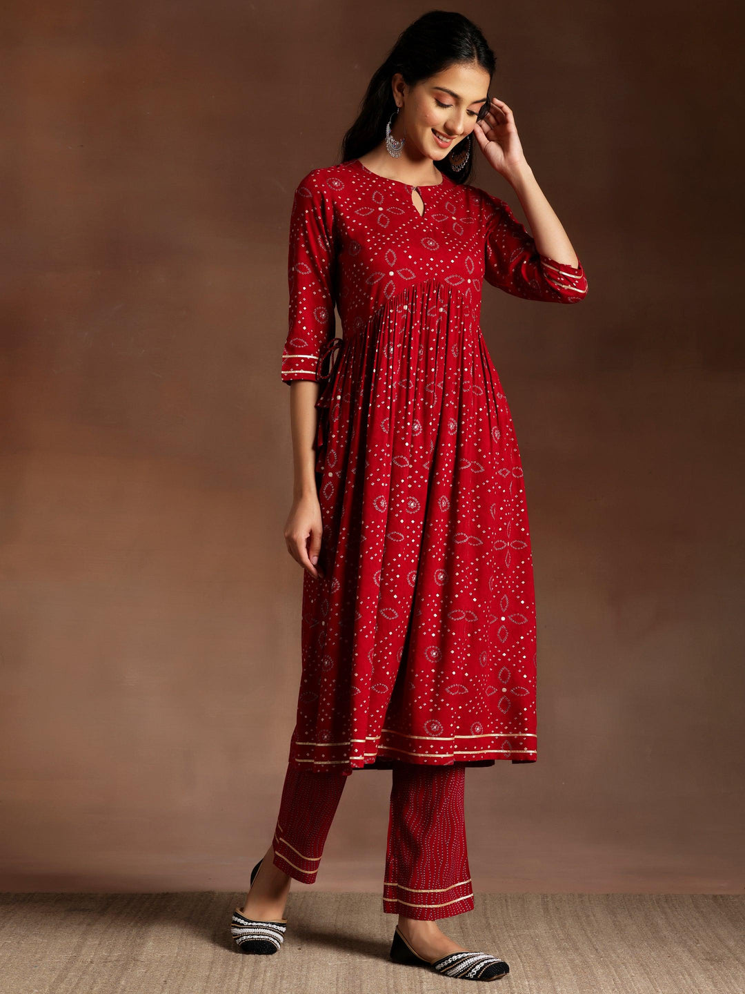 Zainab Red Printed Rayon A-Line Kurta With Palazzos & Dupatta - Libas