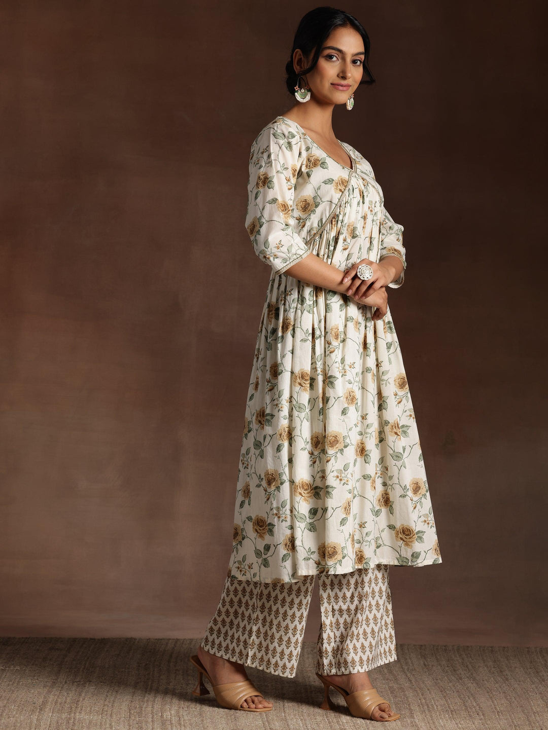 Off White Printed Cotton A-Line Kurta With Palazzos - Libas 