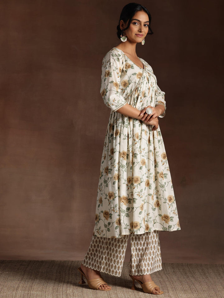 Off White Printed Cotton A-Line Kurta With Palazzos - Libas