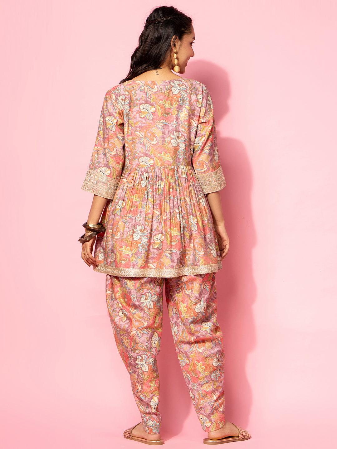 Peach Printed Silk Blend Co-Ords - Libas 