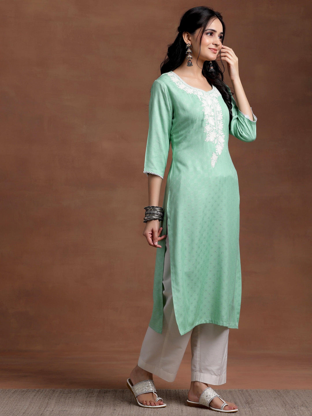 Green Yoke Design Rayon Straight Kurta - Libas