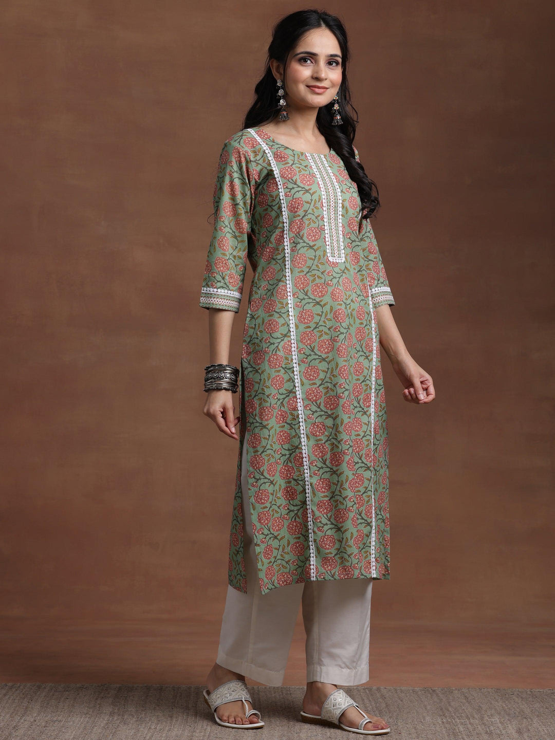 Green Printed Cotton Straight Kurta - Libas 