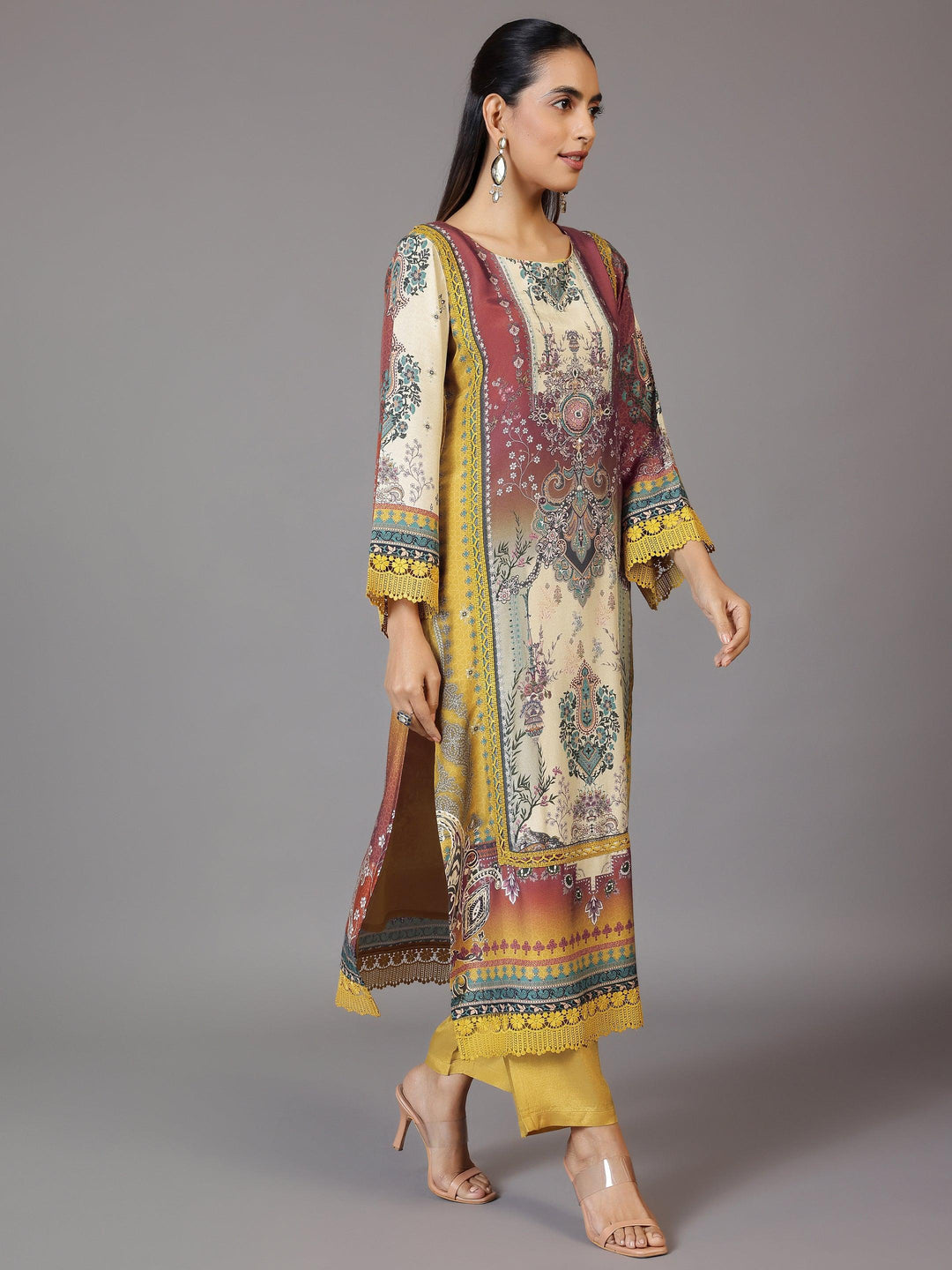 Mustard Printed Silk Blend Straight Suit With Dupatta - Libas 