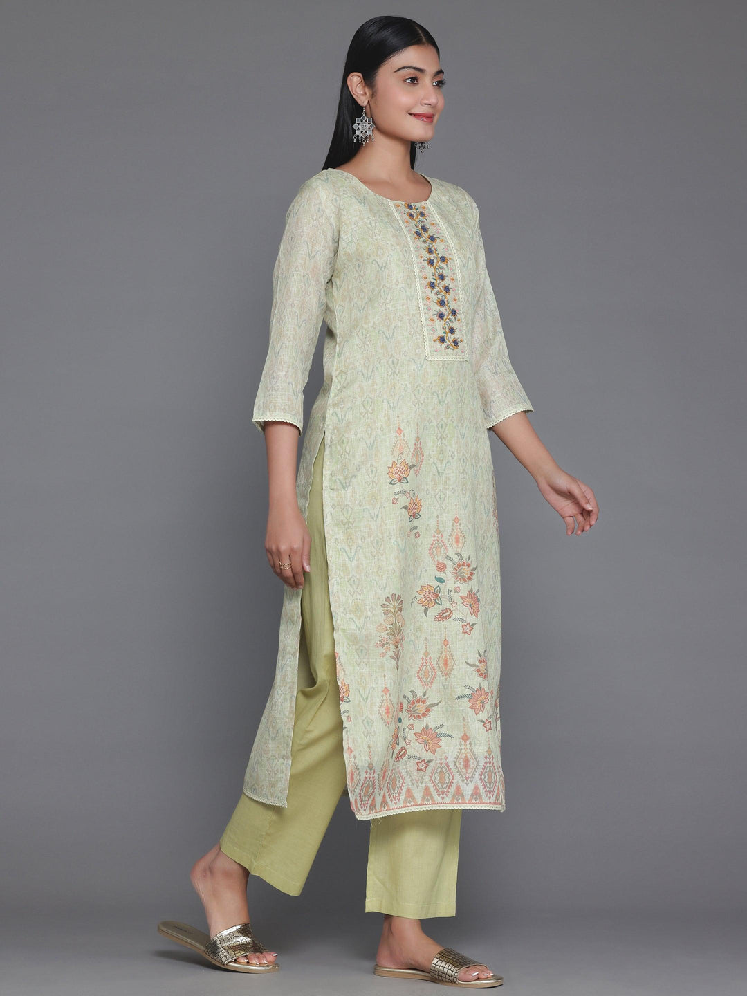 Green Printed Cotton Straight Suit With Dupatta - Libas