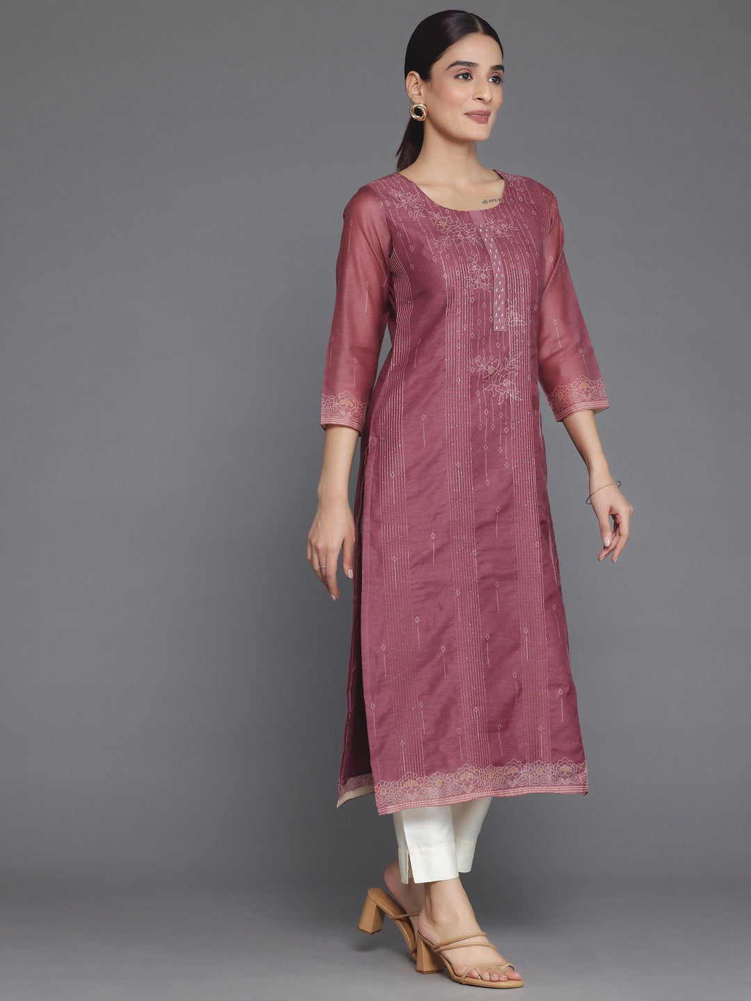 Mauve Embellished Chanderi Silk Straight Kurta - Libas