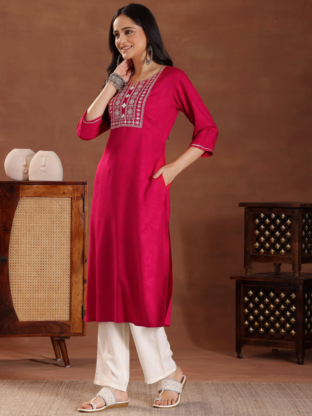 Pink Printed Rayon Straight Kurta - Libas