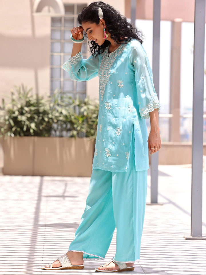 Turquoise Embroidered Silk Blend Co-Ords - Libas