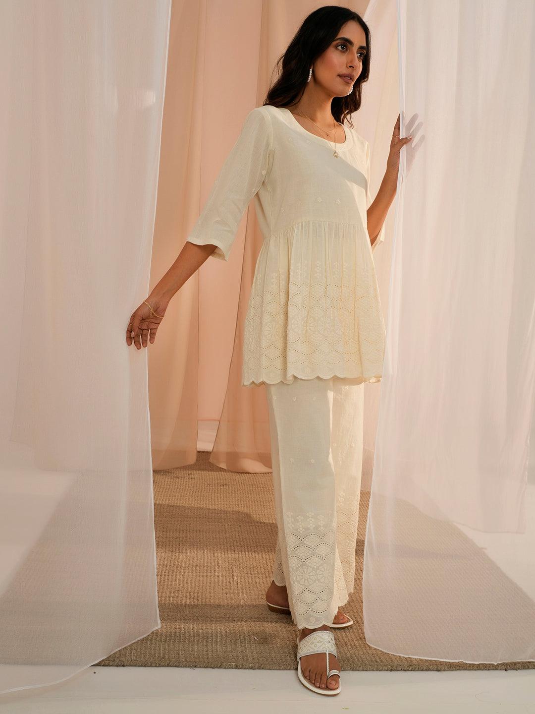 Off White Self Design Cotton Tunic With Palazzos - Libas 