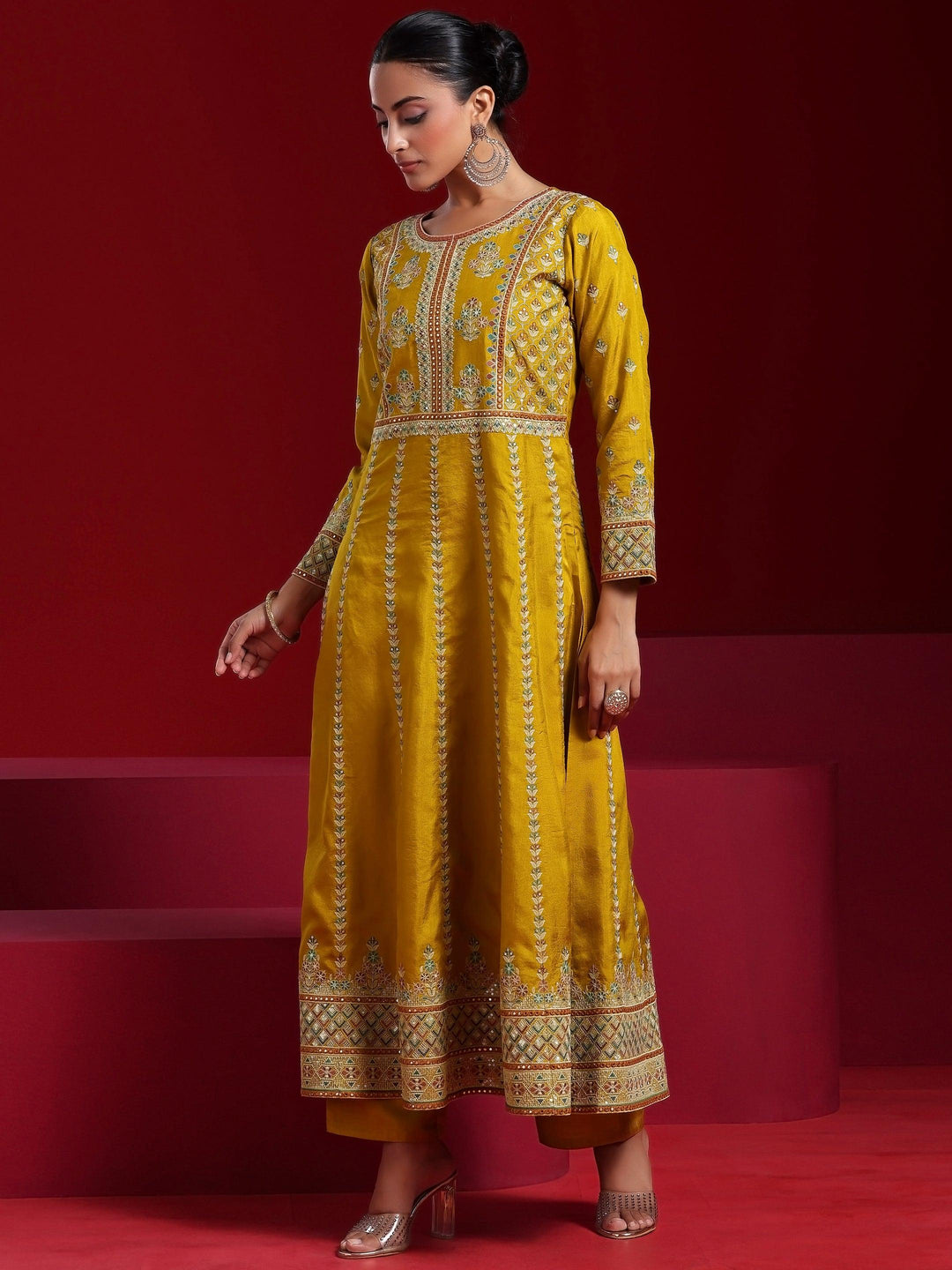 Libas Art Mustard Embroidered Silk Blend A-Line Kurta With Sharara & Dupatta - Libas