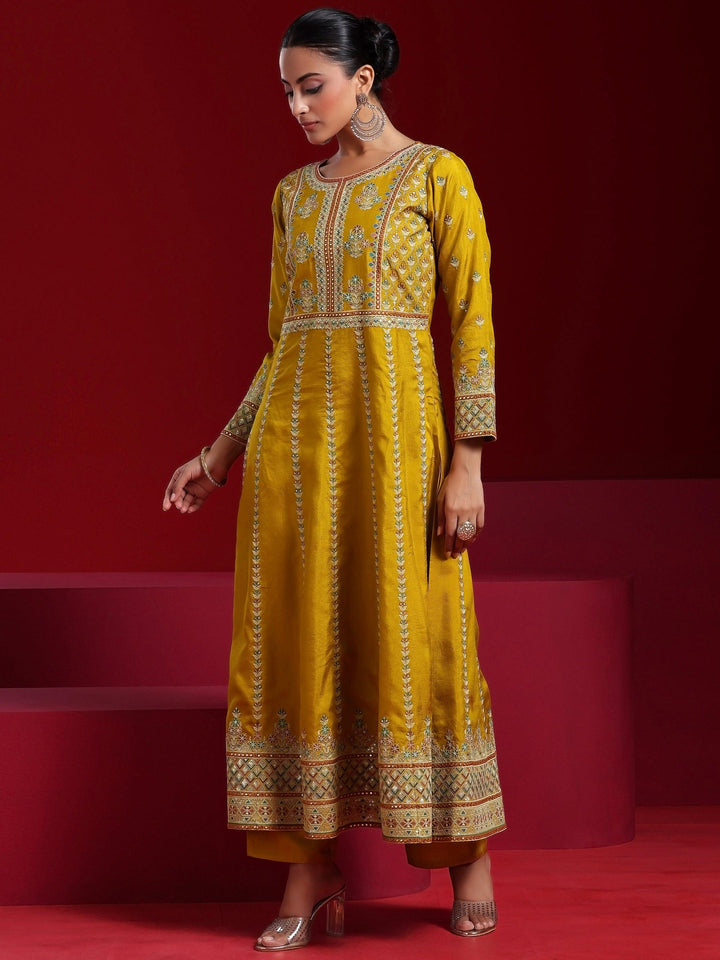 Libas Art Mustard Embroidered Silk Blend A-Line Kurta With Sharara & Dupatta - Libas