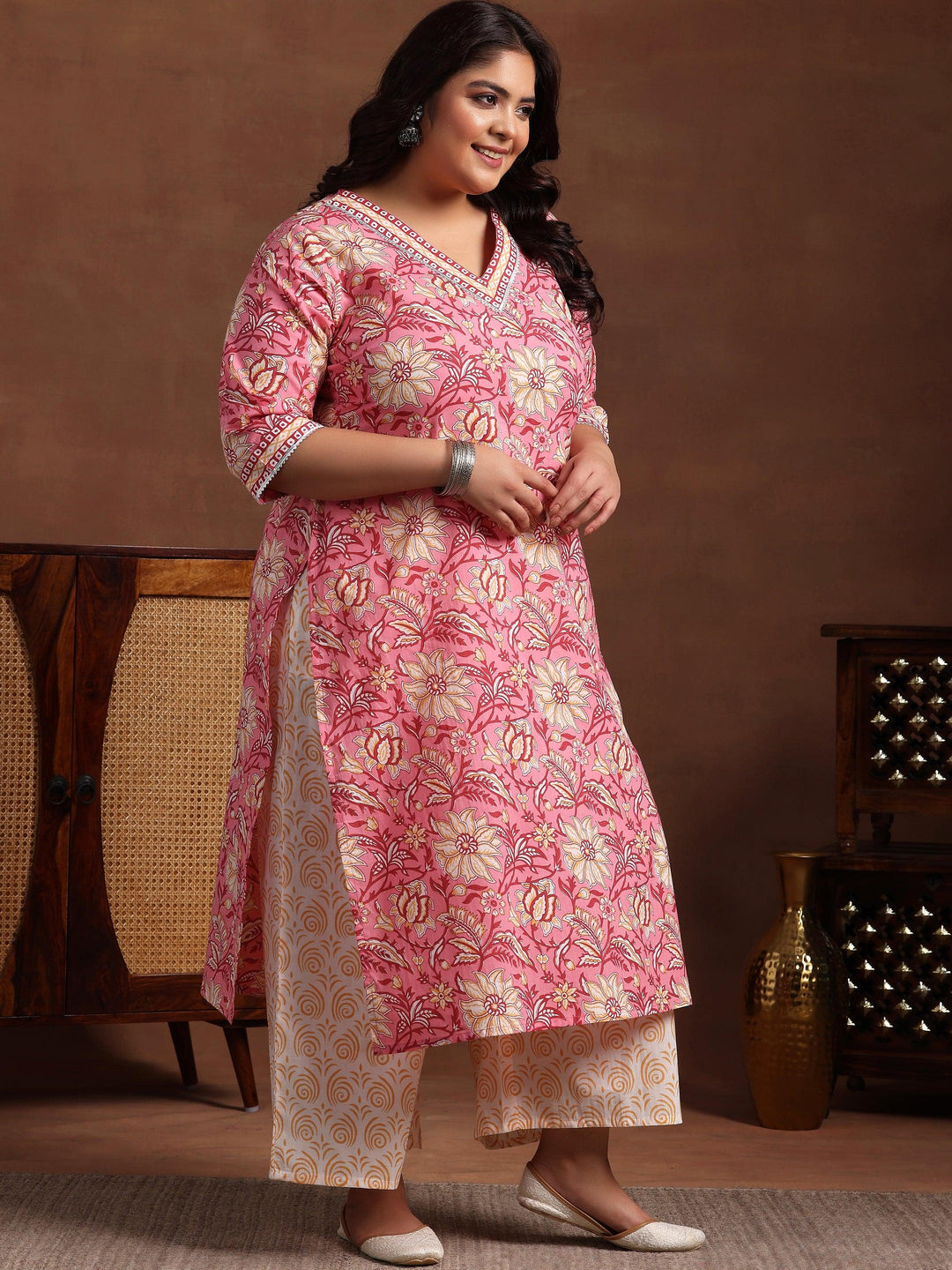 Plus Size Pink Printed Cotton Straight Suit With Dupatta - Libas 