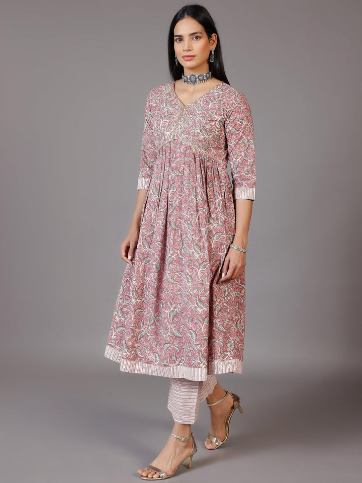 Pink Printed Cotton Anarkali Suit With Dupatta - Libas