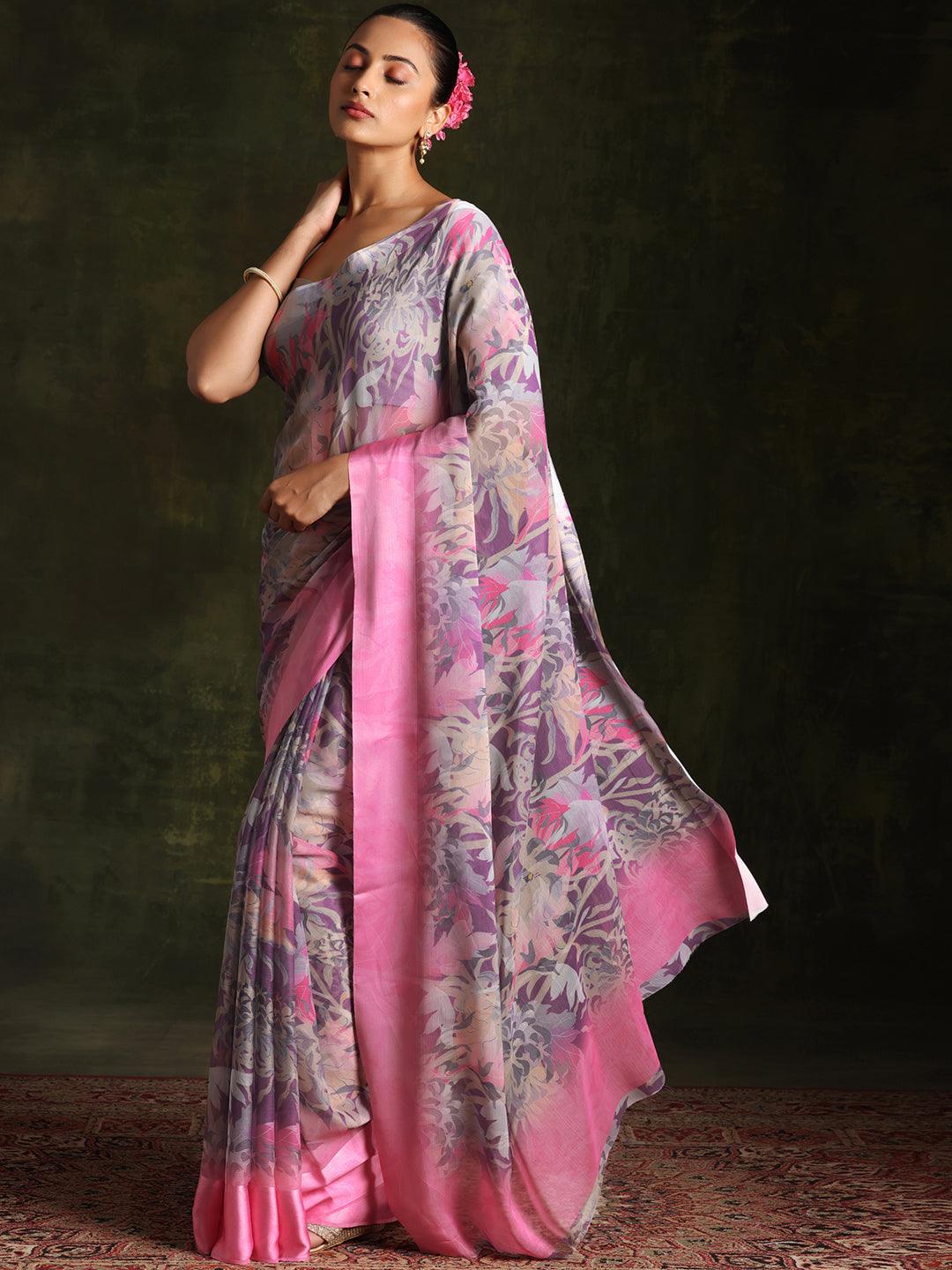 Multicoloured Printed Silk Blend Saree With Unstitched Blouse Piece - Libas