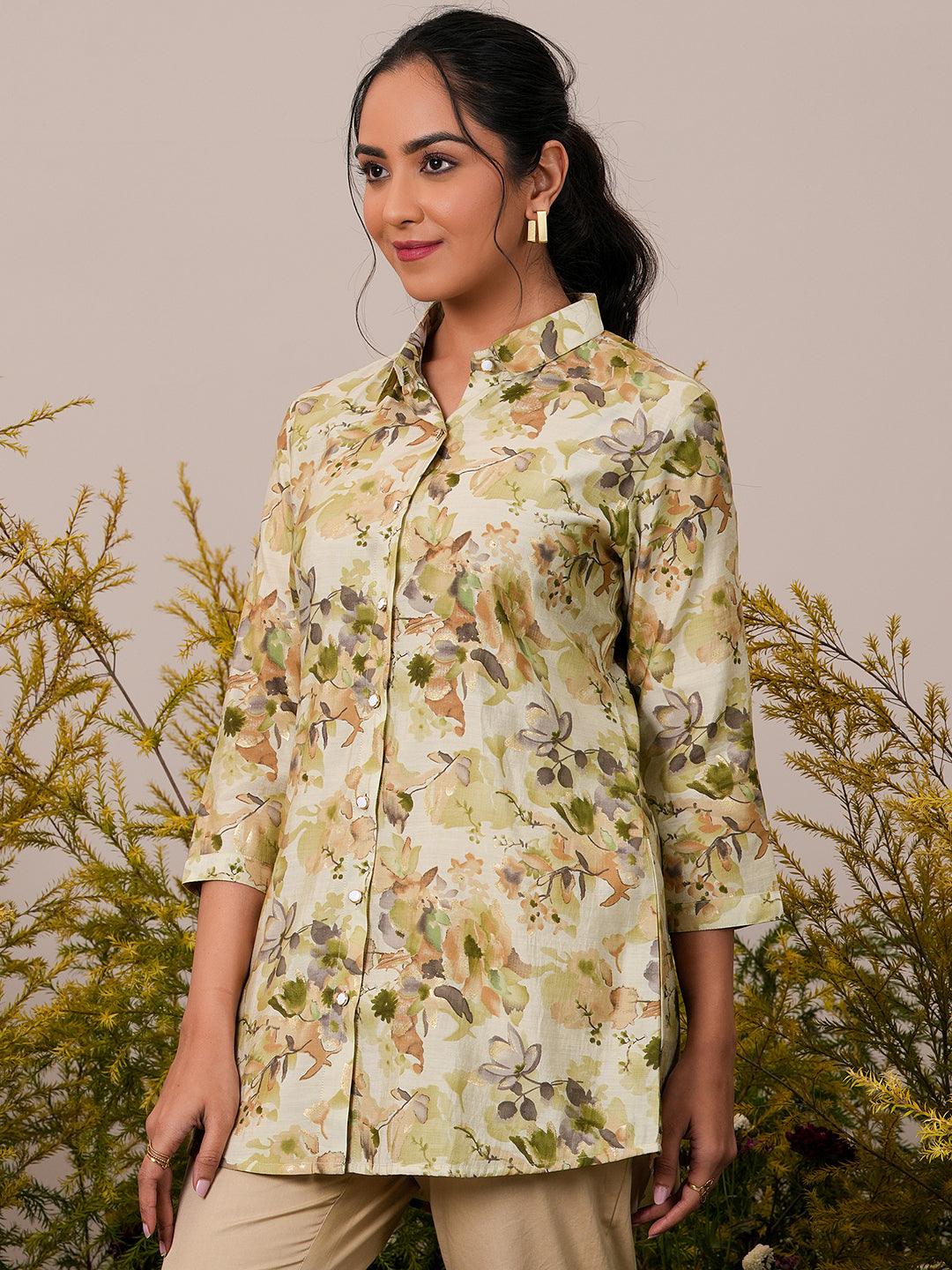 Green Printed Silk Blend A-Line Kurti - Libas 