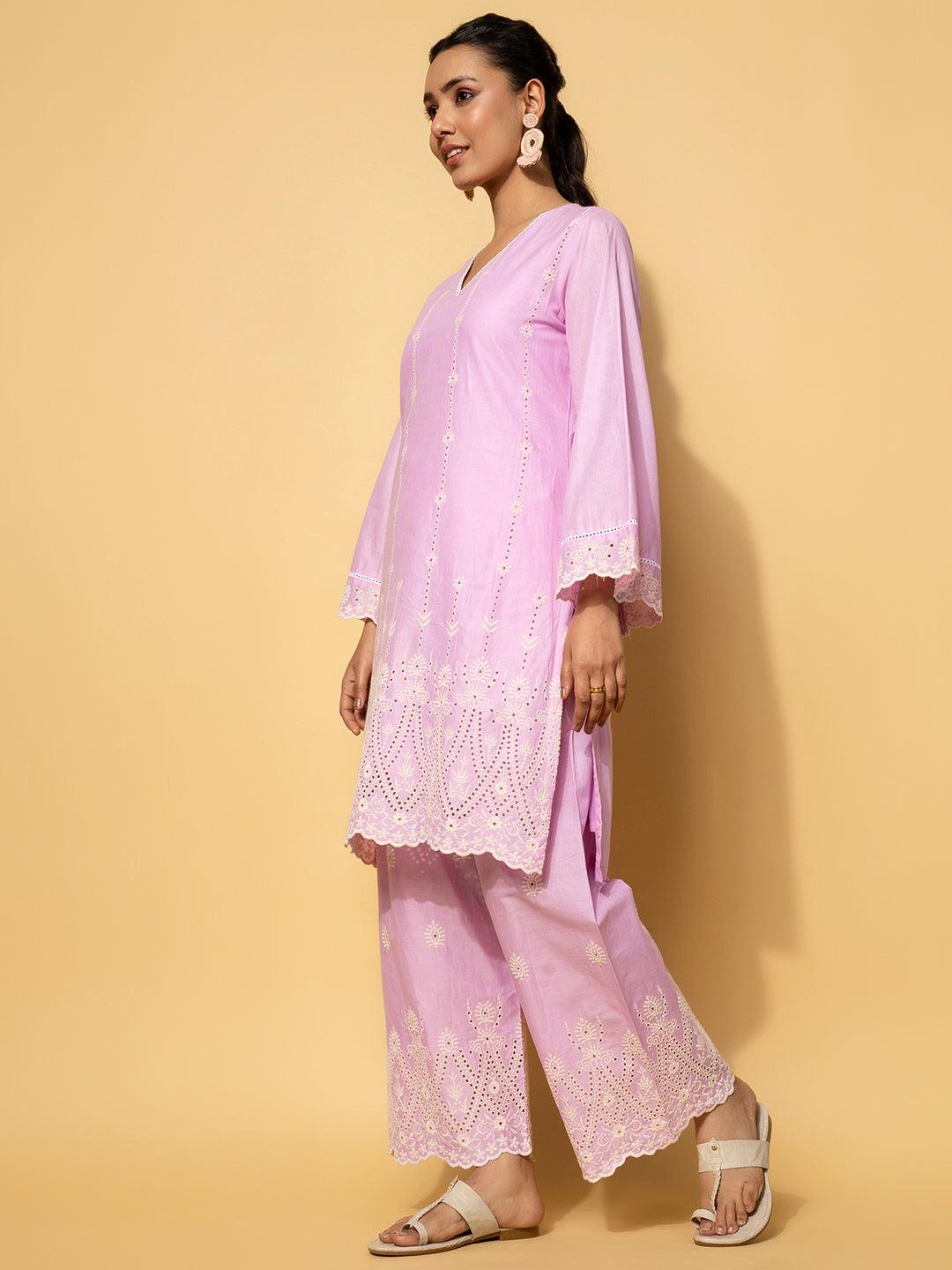 Lavender Embroidered Cotton Co-Ords - Libas 