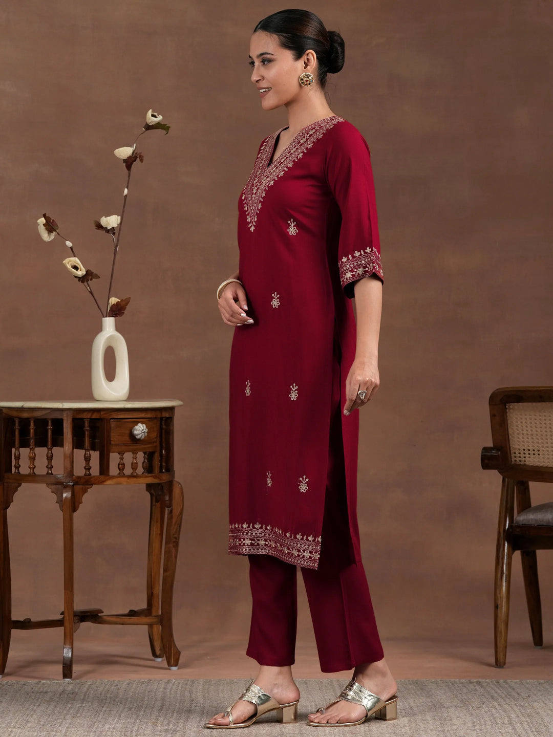  Red Embroidered Rayon Straight Kurta Set 