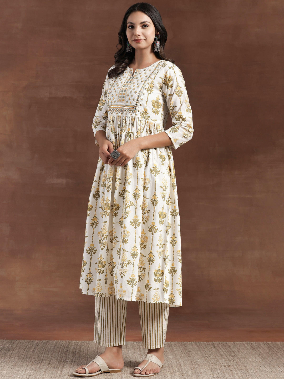 Off White Printed Cotton Anarkali Suit With Dupatta - Libas 