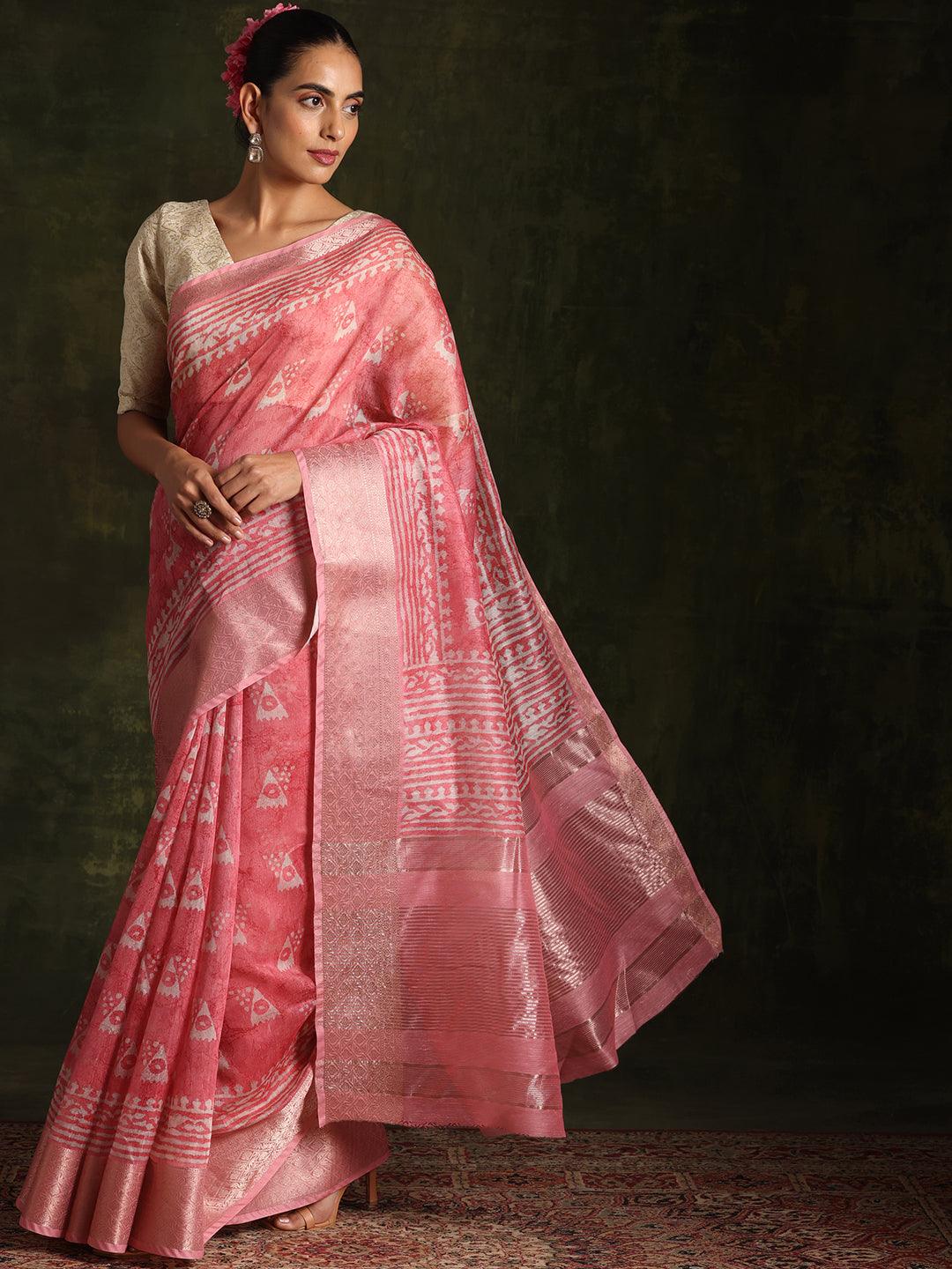 Pink Printed Silk Blend Saree With Unstitched Blouse Piece - Libas