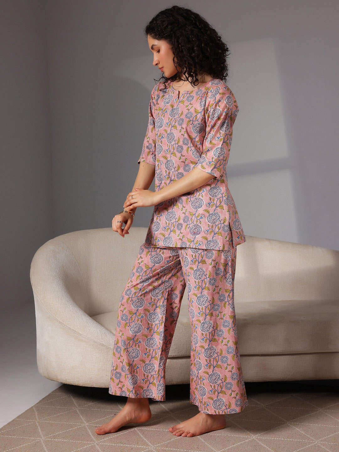 Peach Printed Cotton Night Suits - Libas