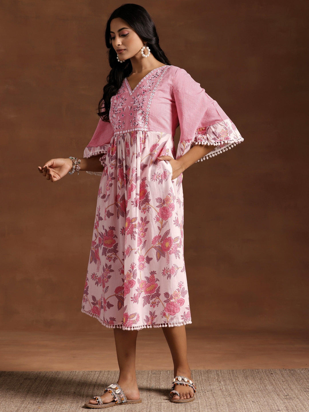 Pink Printed Cotton A-Line Kurta - Libas 