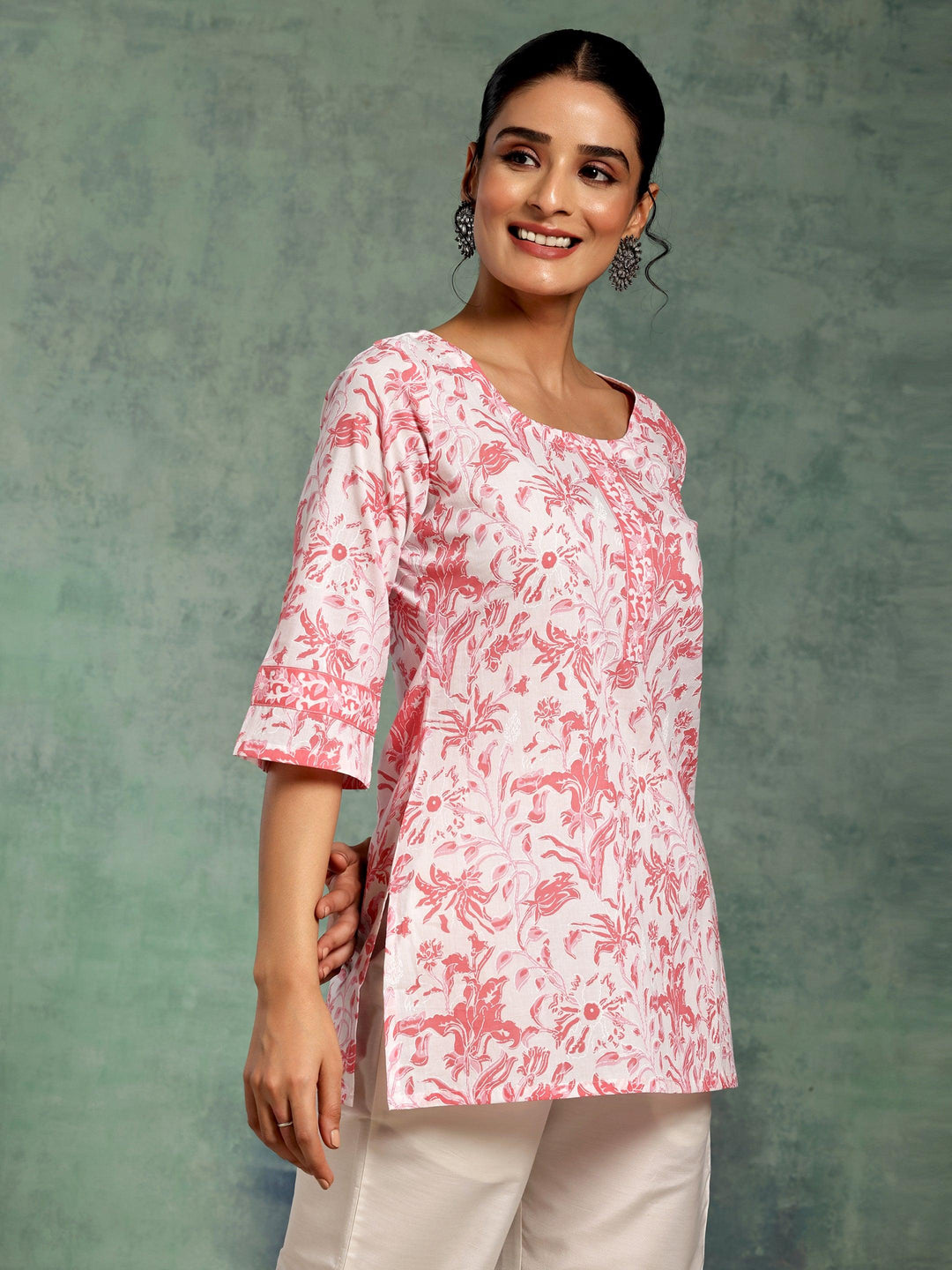 White Printed Cotton Straight Kurti - Libas