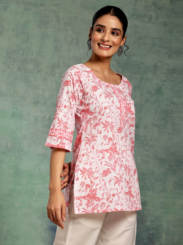 White Printed Cotton Straight Kurti - Libas