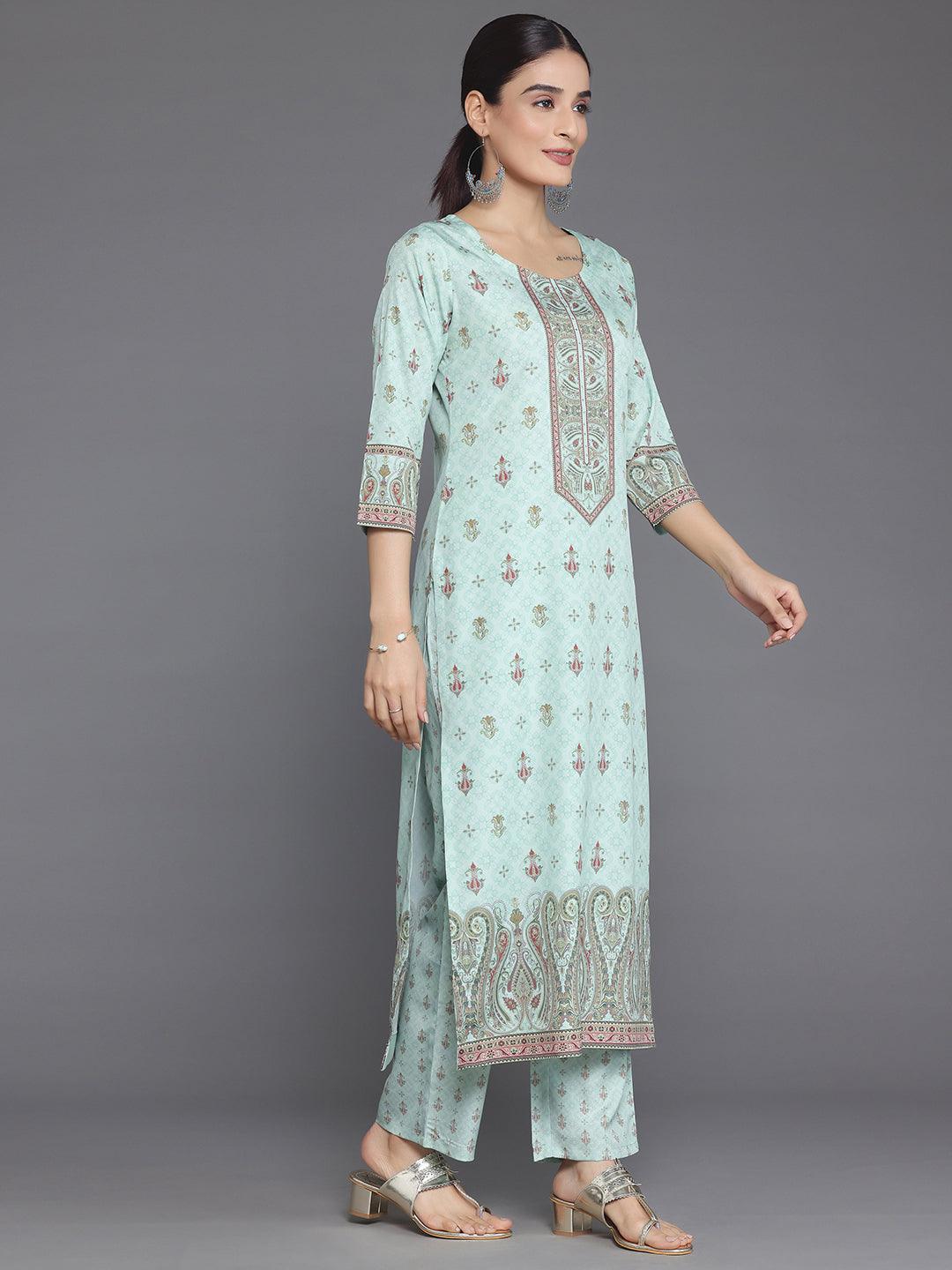 Green Printed Poly Crepe Straight Suit With Dupatta - Libas