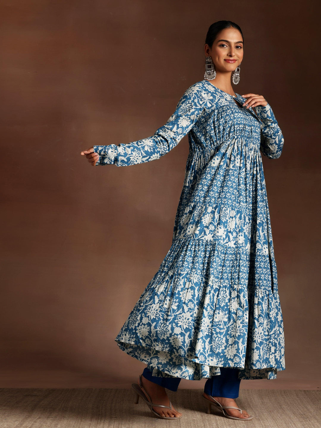 Blue Printed Cotton A-Line Kurta With Trousers & Dupatta - Libas 