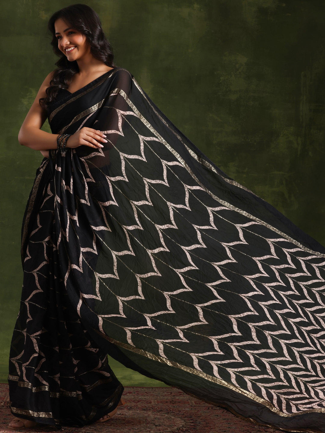 Black Printed Poly Georgette Saree With Unstitched Blouse Piece - Libas