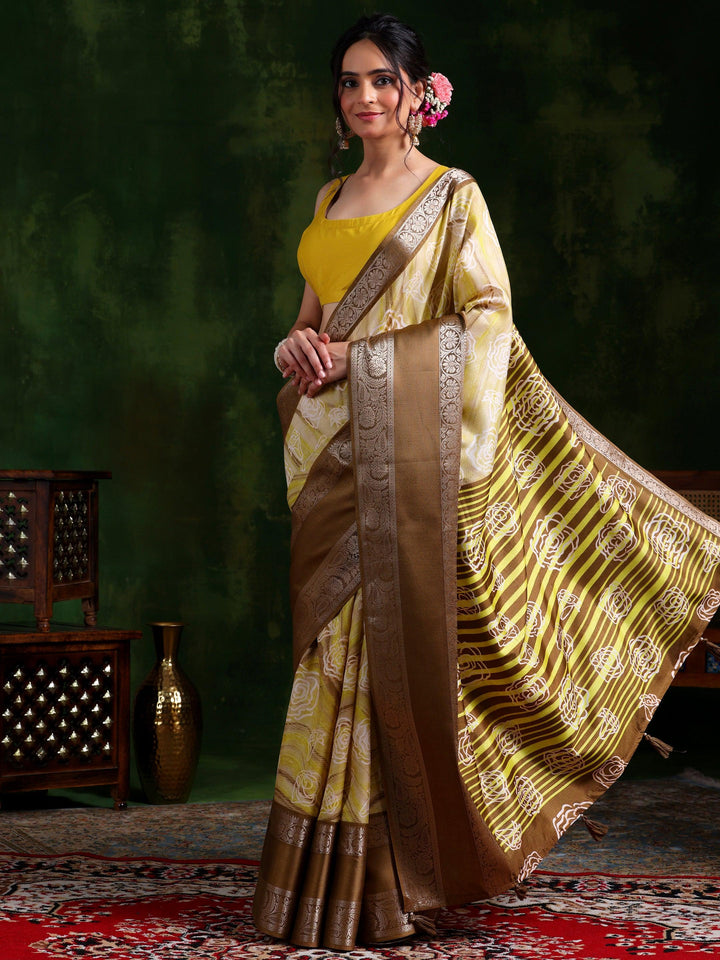 Khaki Brown Printed Silk Blend Saree With Unstitched Blouse Piece - Libas