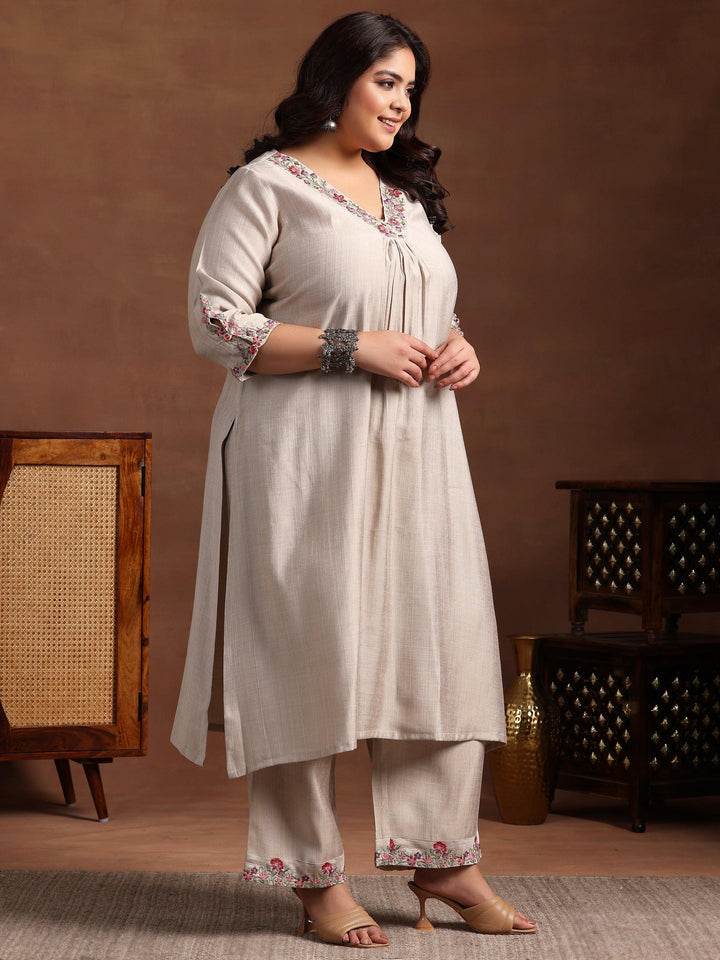 Plus Size Beige Yoke Design Silk Blend Straight Suit With Dupatta - Libas