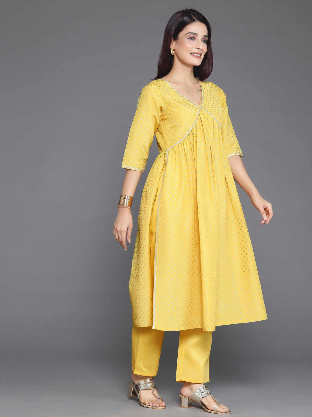 Yellow Woven Design Silk Blend A-Line Kurta With Trousers - Libas 