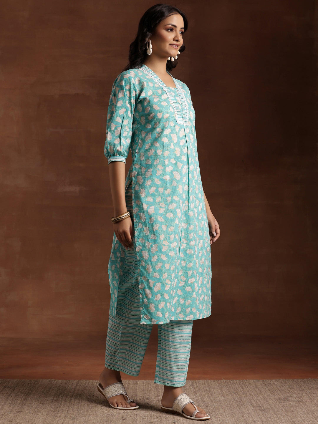 Green Printed Cotton Straight Kurta Set - Libas 