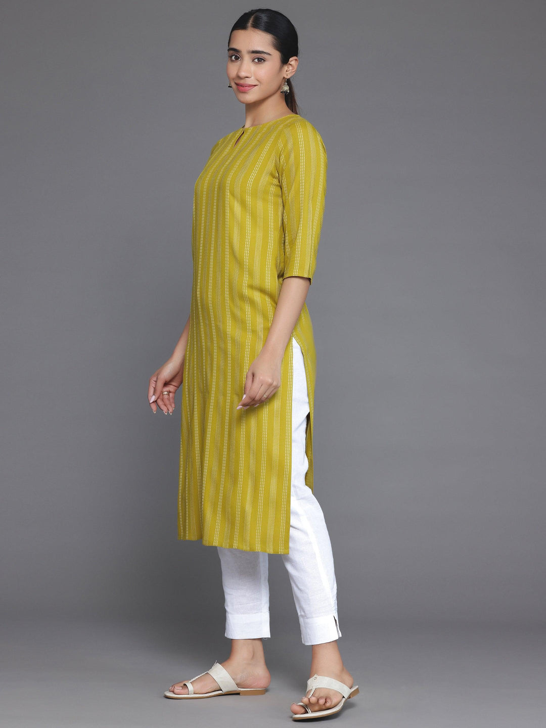 Mustard Striped Rayon Straight Kurta - Libas 