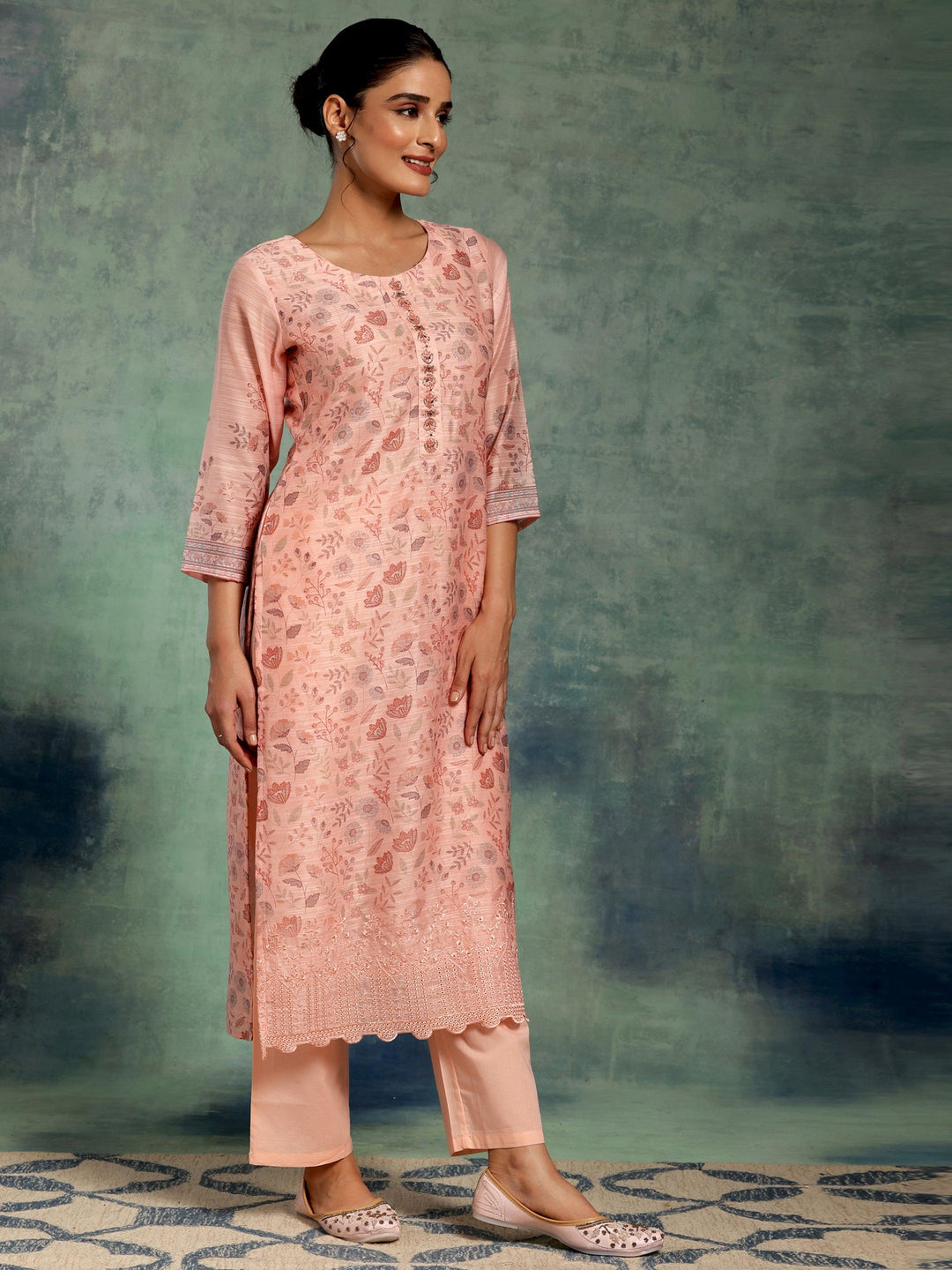 Peach Printed Chanderi Silk Straight Suit With Dupatta - Libas 