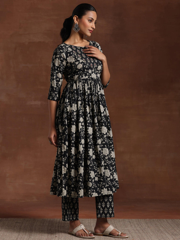 Black Printed Pure Cotton Anarkali Suit With Dupatta - Libas