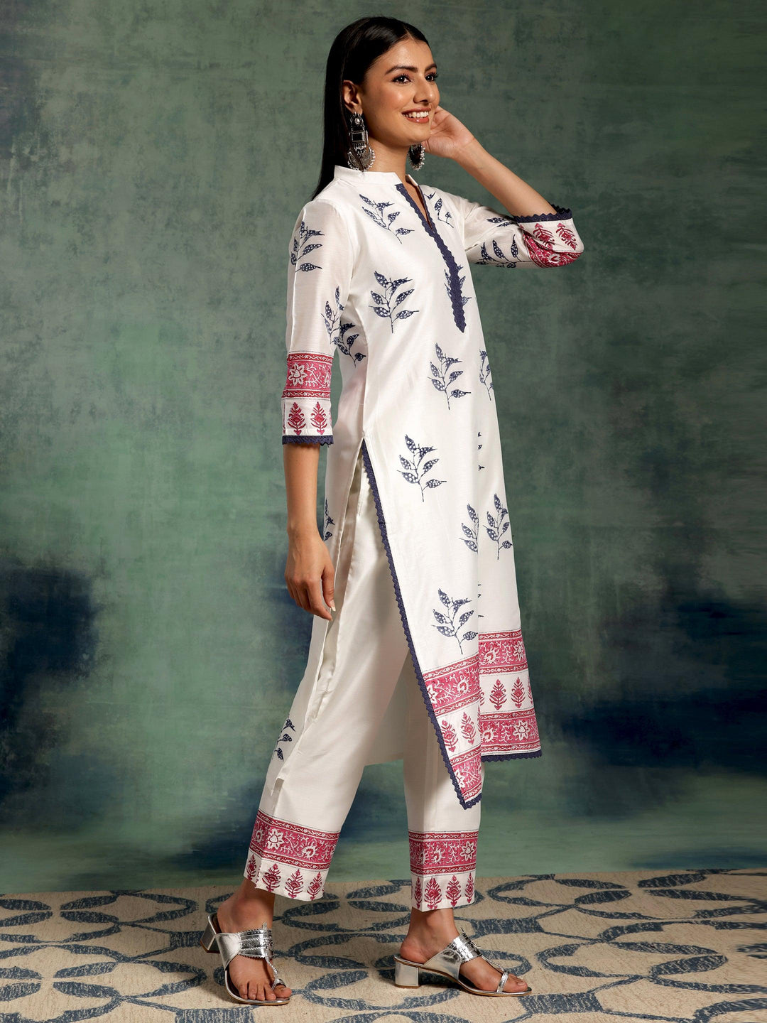 White Printed Chanderi Silk Straight Suit With Dupatta - Libas 