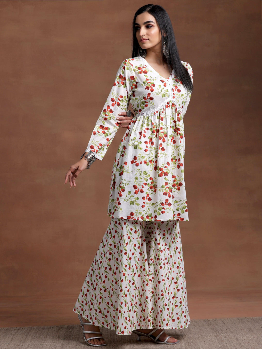 Off White Printed Cotton A-Line Kurta With Sharara & Dupatta - Libas 