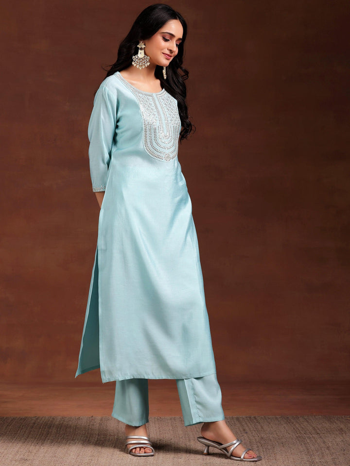 Blue Yoke Design Silk Blend Straight Suit With Dupatta - Libas