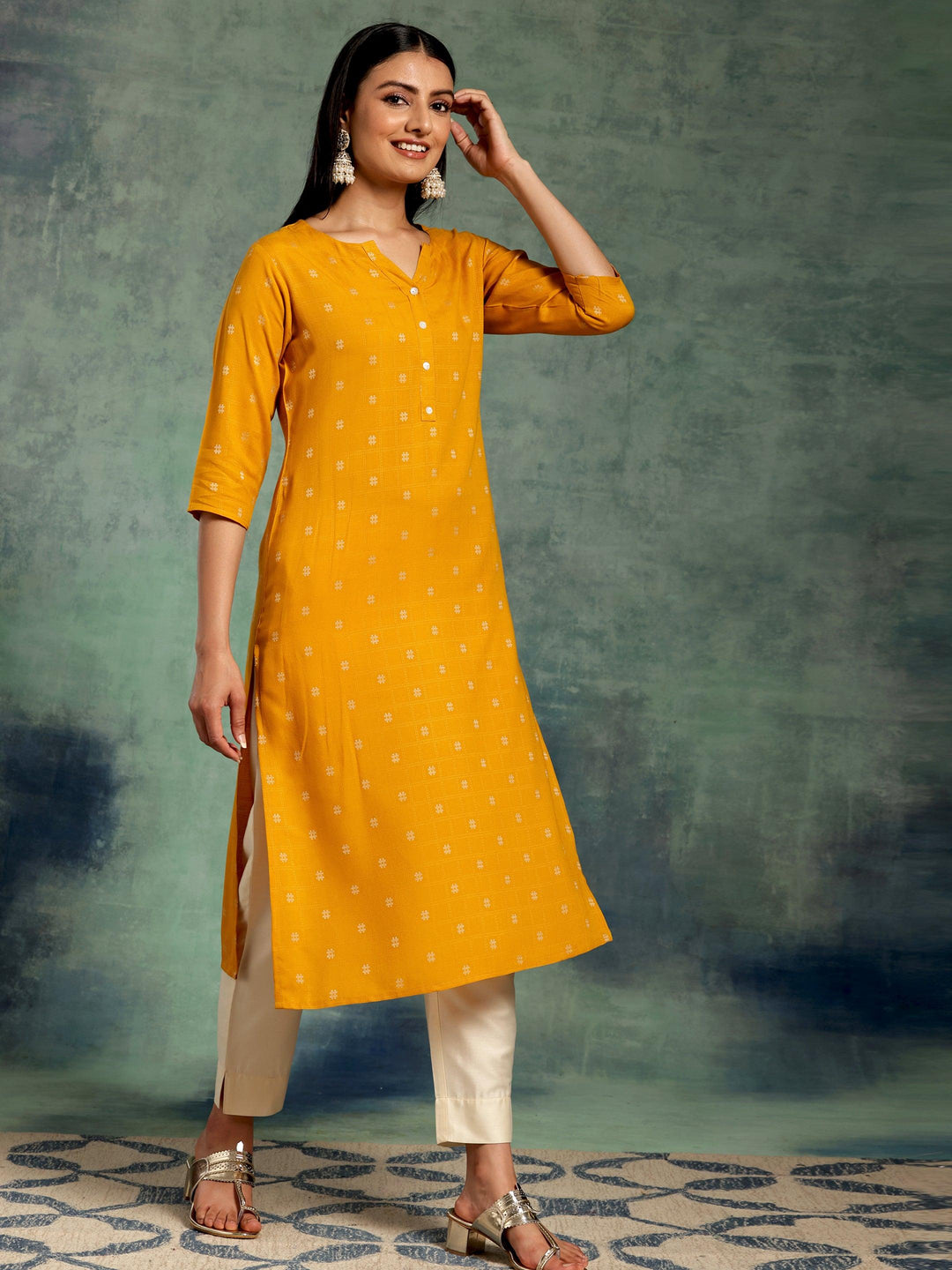 Mustard Woven Design Rayon Straight Kurta - Libas