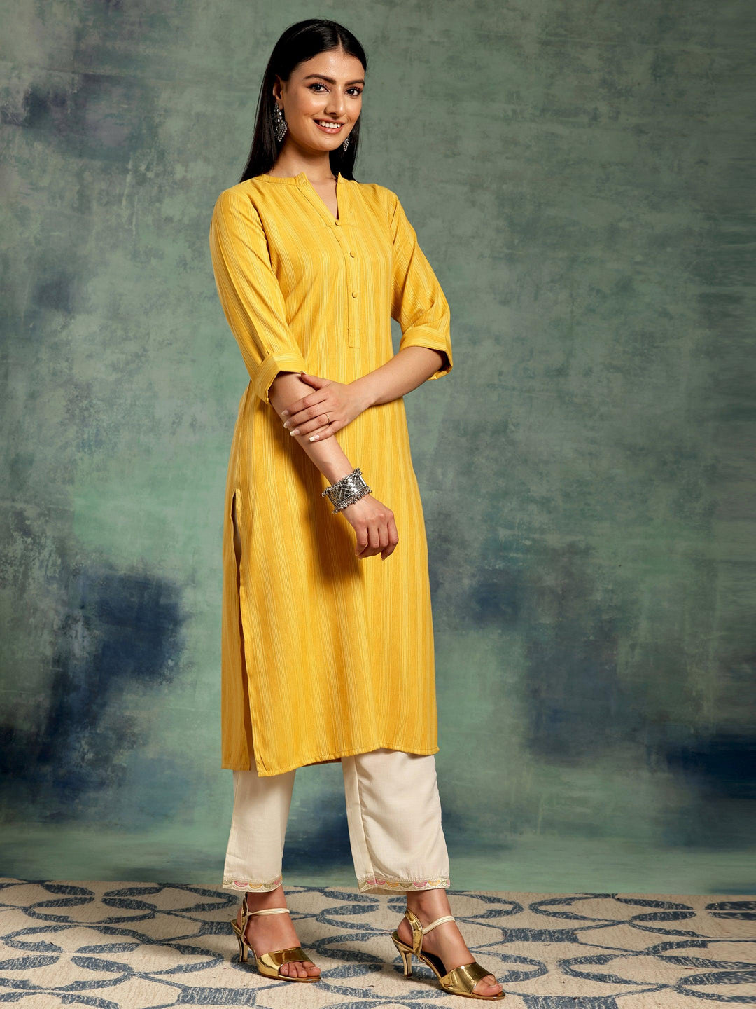 Yellow Woven Design Rayon Straight Kurta - Libas 