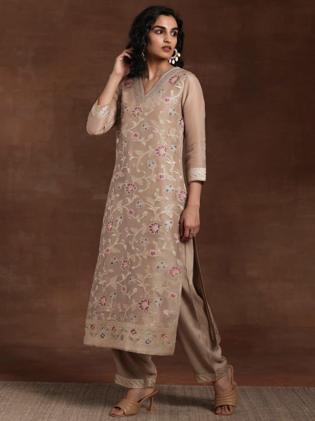 Brown Woven Design Chanderi Silk Straight Suit With Dupatta - Libas 